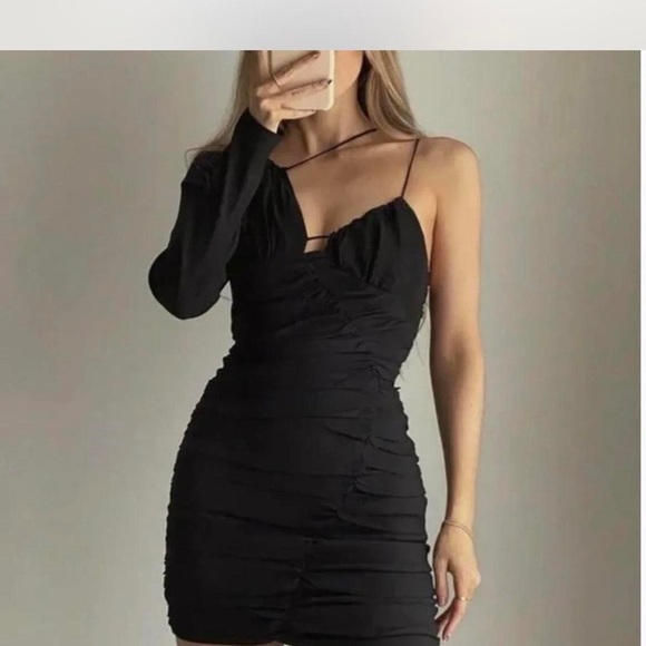 Zara Asymmetrical Black Draped Mini Dress XS - Picture 2 of 3